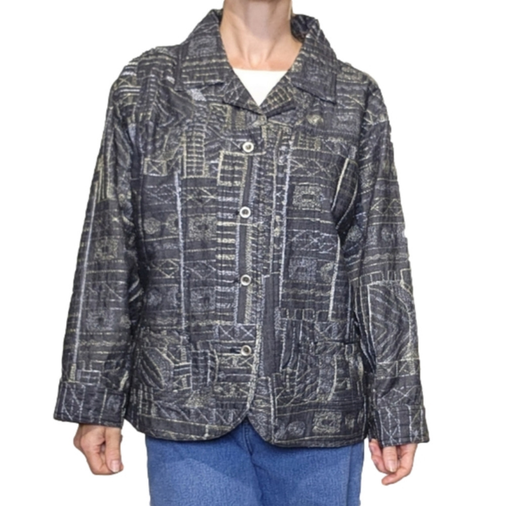 Jacket Filigree embroidered Black metallic gold and silver Size XL CHICO'S